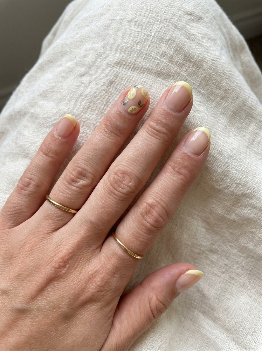 Short Lemon Summer Nails mit zarten gelben Akzenten